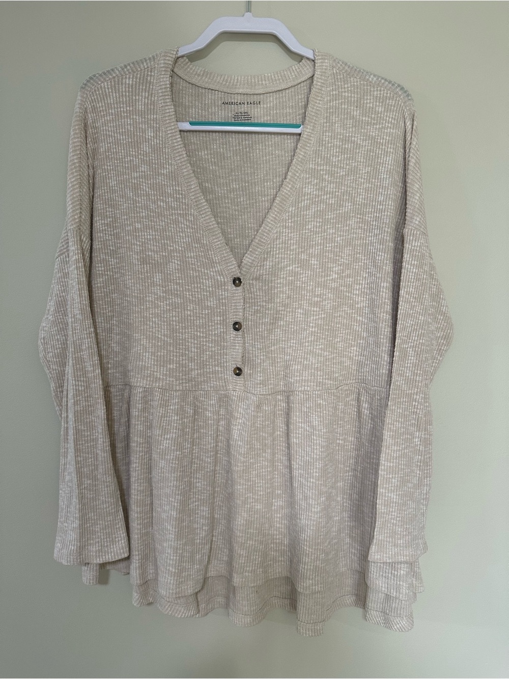 American Eagle Outfitters Beige Cream Ribbed V-Neck Henley Tunic